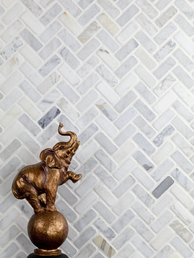 Bianco Jolie Antique Herringbone Mosaic Marble Sample