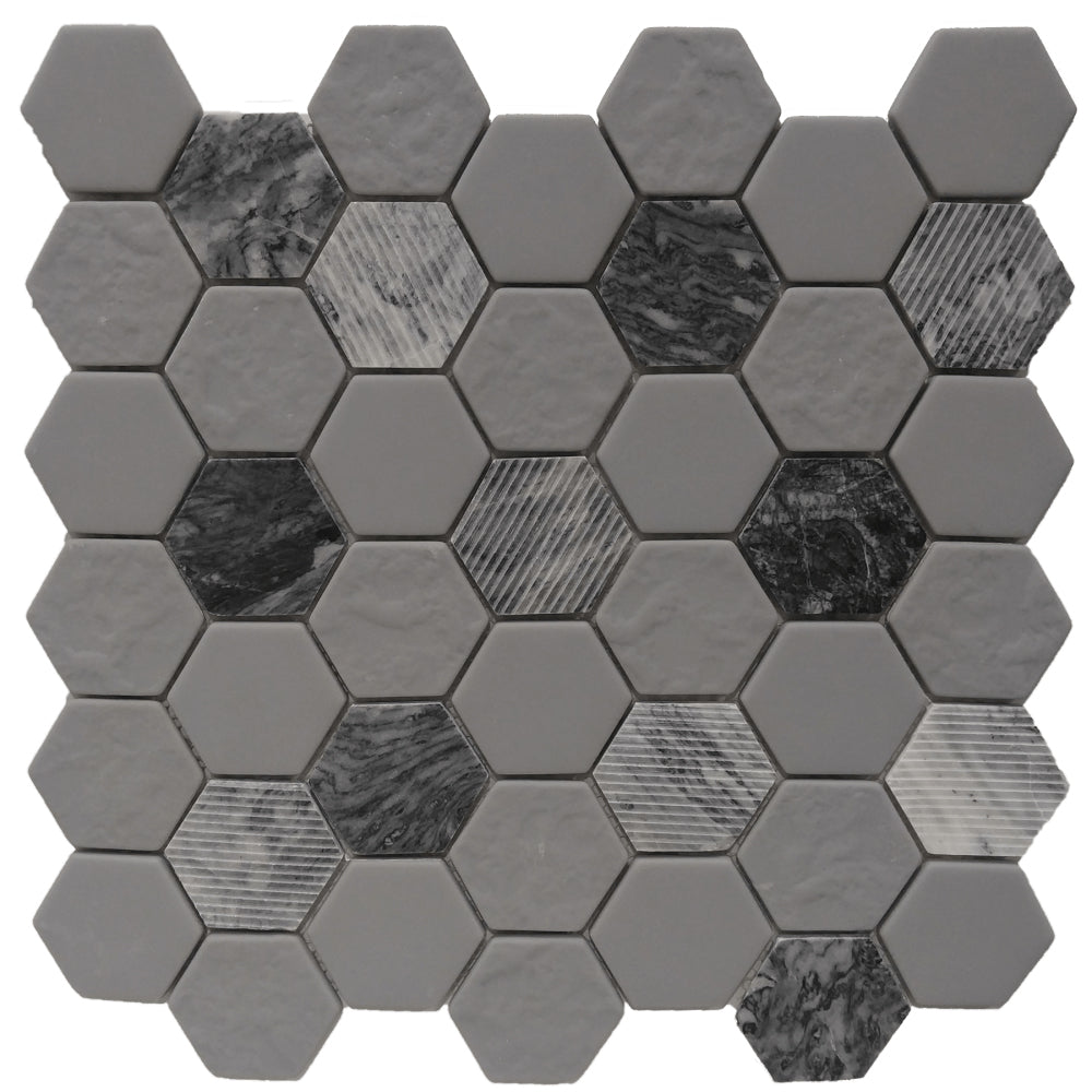 Casafina - Hexagon Grey Marble and Glass Mosaic Sample