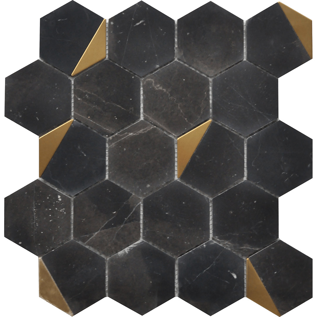 Casafina - Hexagon Nero Marble and Metal Mosaic Sample