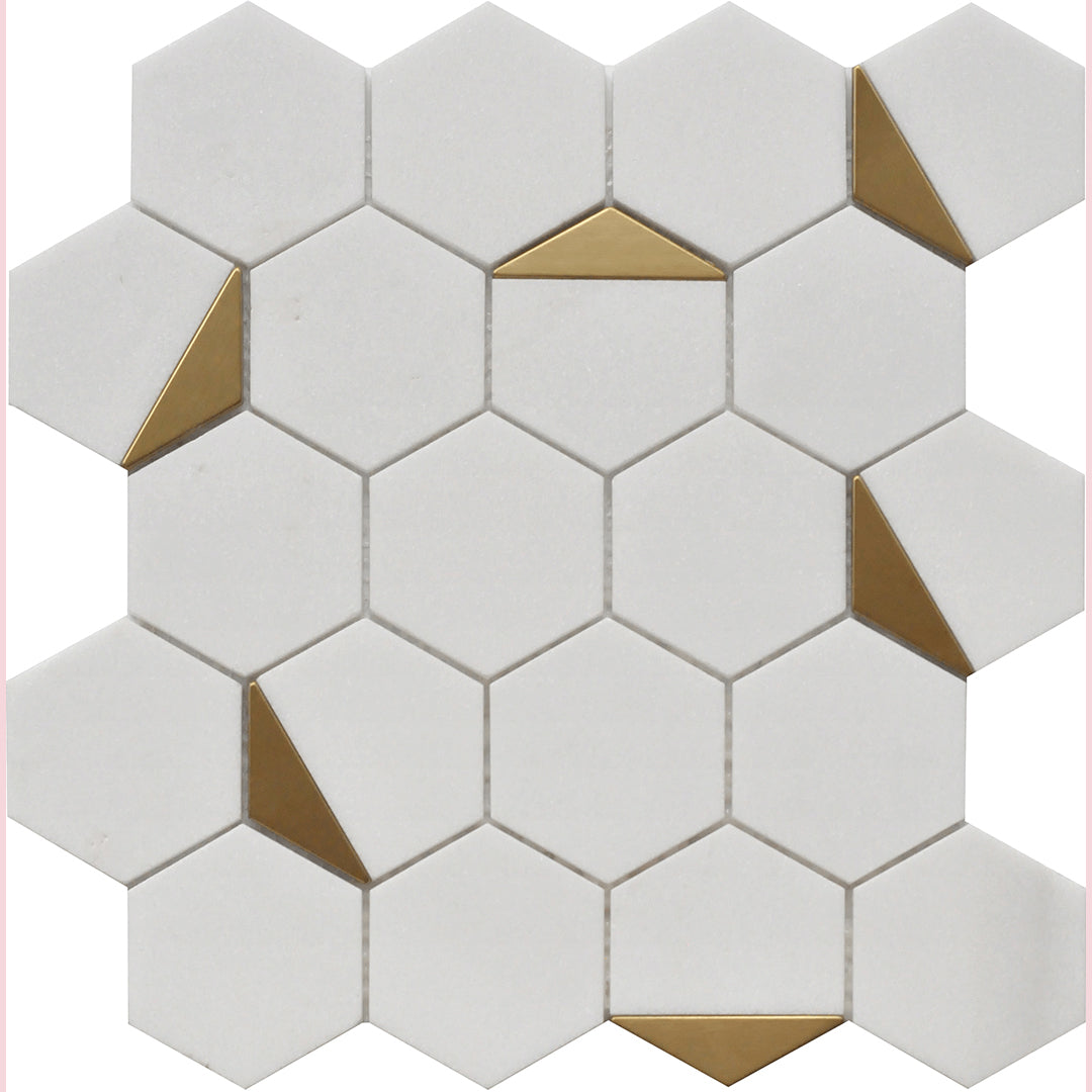 Casafina - Hexagon White Snow Marble and Metal Mosaic SAMPLE
